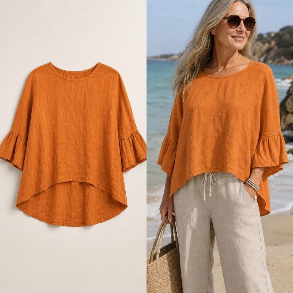 Bryn Walker Fran Linen Top S 3/4th Bell Sleeve‎ Lagenlook Tunic Cottage Coastal